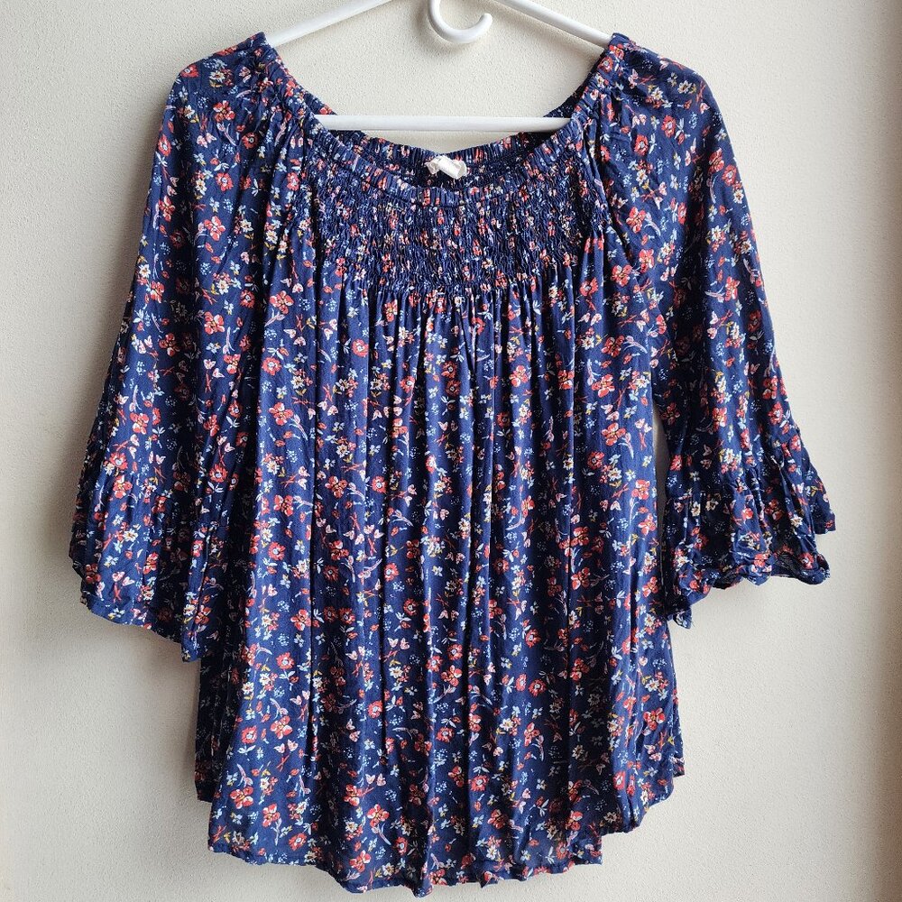 beachlunchlounge Blue Floral Ruched Blouse Size Medium - Picture 6 of 13